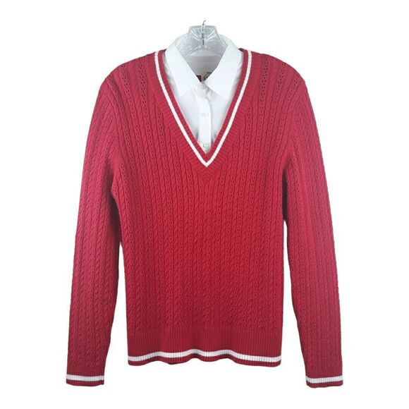B MOSS Sweater  Attached Collar Women Large Red White Long Sleeves - Picture 1 of 11